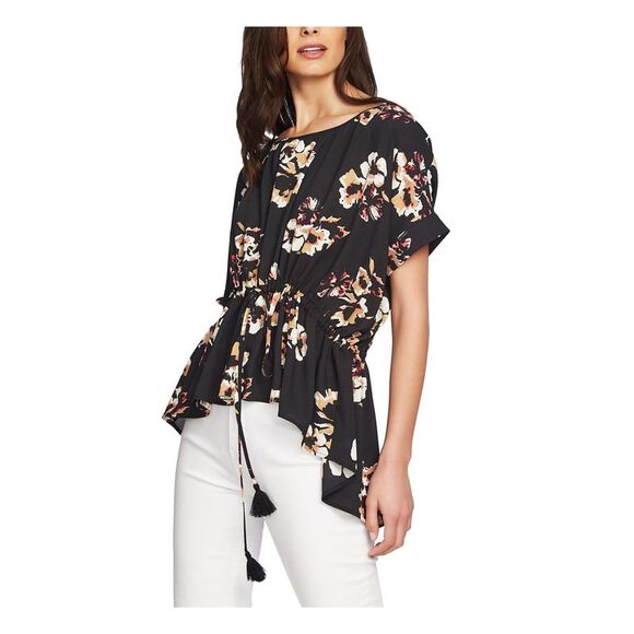 1. STATE Tops - 1. STATE Womens Black Ruffled Floral Short Sleeve Peplum Top XXS